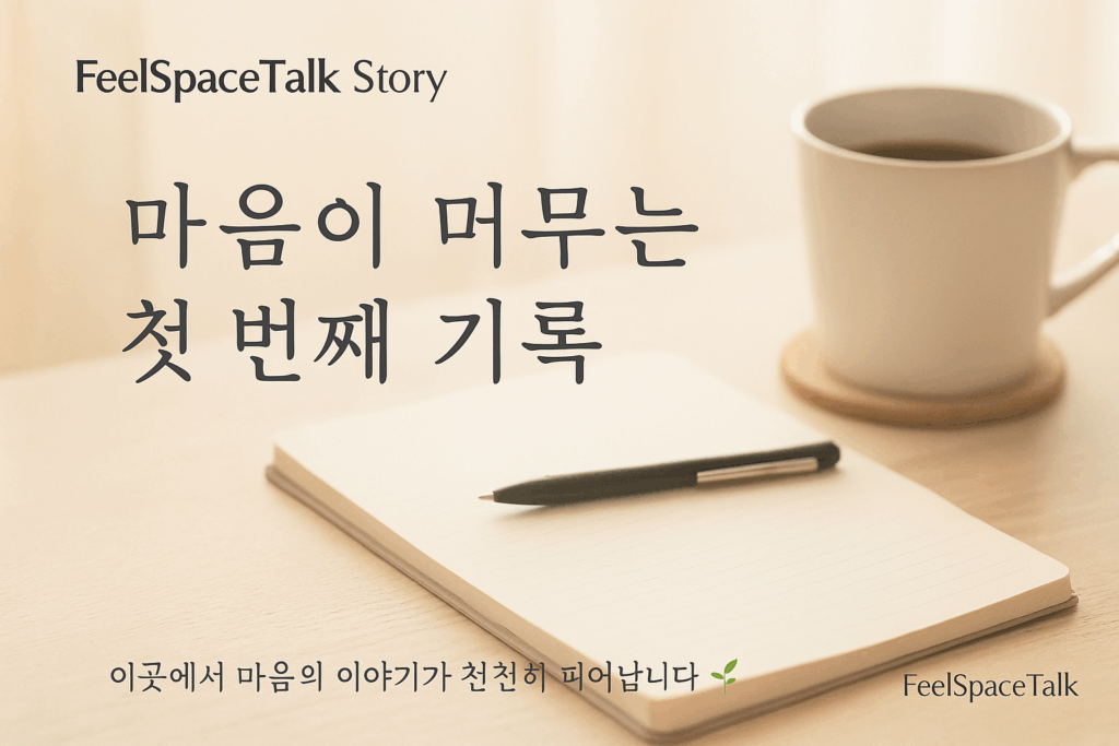 따뜻한 햇살이 비치는 창가 위 노트와 커피잔, 마음이 머무는 첫 번째 기록을 담은 FeelSpaceTalk Story 대표 썸네일.