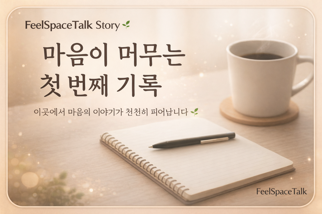 FeelSpaceTalk Story 시리즈 썸네일, 따뜻한 자연광 카페에서 노트와 펜, 커피잔이 놓인 감성적인 마음 기록 이미지