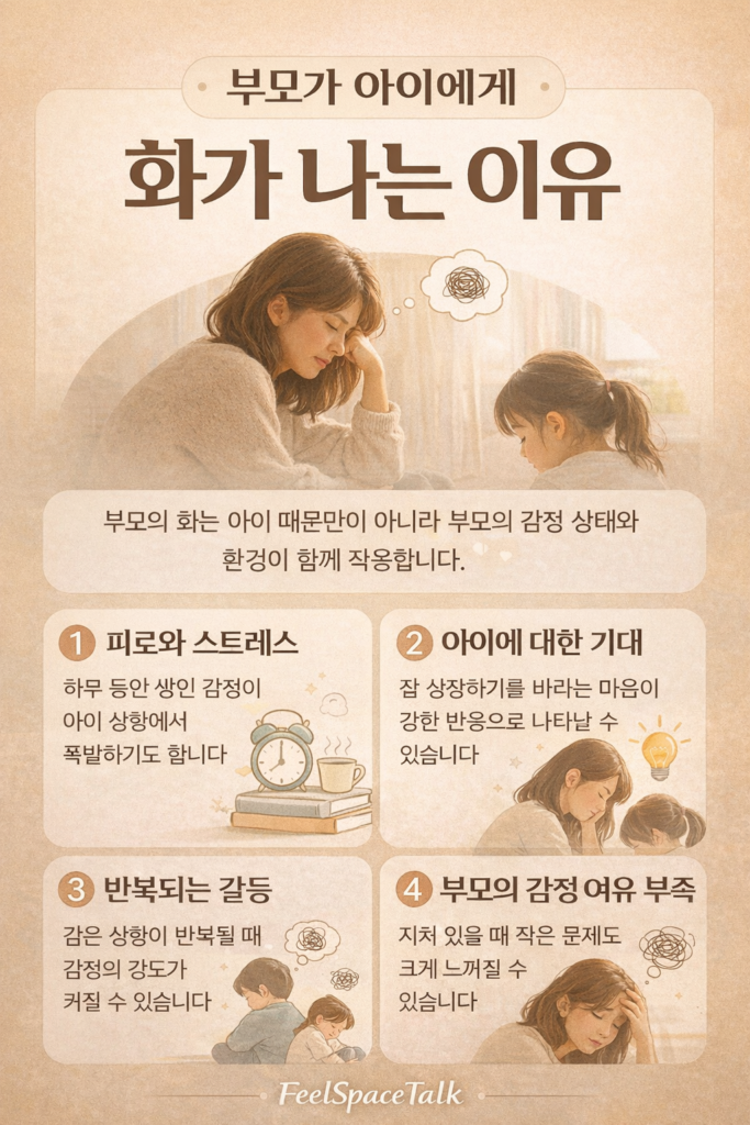 부모가 아이에게 화를 낸 뒤 후회하는 감정의 심리를 설명하는 인포그래픽