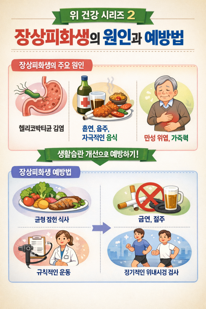 장상피화생의 주요 원인(헬리코박터균, 흡연·음주, 만성 위염)과 예방 방법(식습관 개선, 금연, 운동, 정기검진)을 정리한 위 건강 인포그래픽