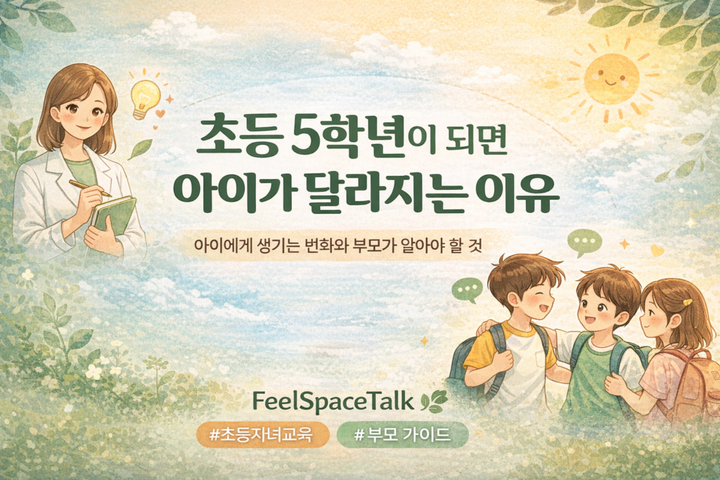 초등 5학년 아이들의 변화와 또래 관계를 주제로 한 따뜻한 감성 일러스트 썸네일, 부모 가이드 메시지를 담은 블로그 이미지
