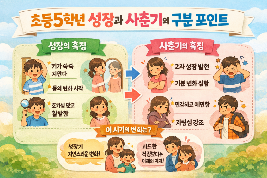 초등 5학년 시기의 성장과 사춘기 차이를 비교한 인포그래픽으로, 또래 관계·감정 변화·자기 인식 등 아이의 발달 특징을 설명하는 교육용 이미지