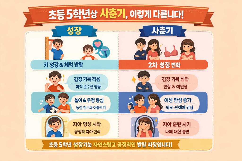초등 5학년 성장기와 사춘기를 비교하여 신체 변화, 감정 기복, 또래 관계, 자아 형성의 차이를 시각적으로 설명한 교육용 인포그래픽