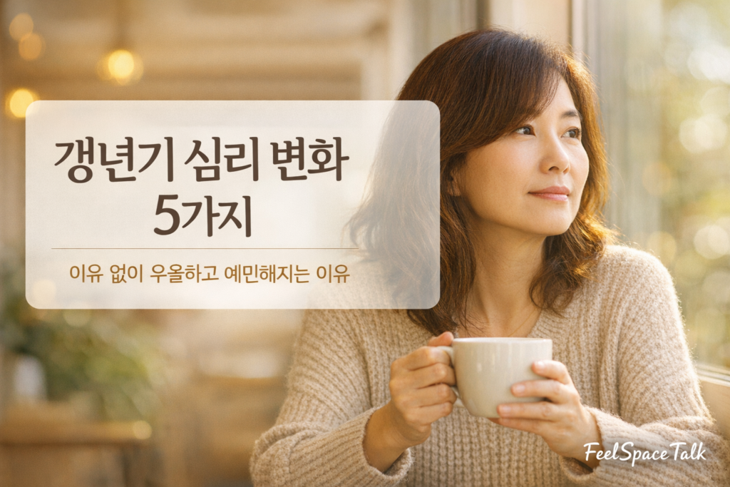 갱년기 심리 변화 5가지와 우울감과 감정기복을 설명하는 중년 여성 이미지
