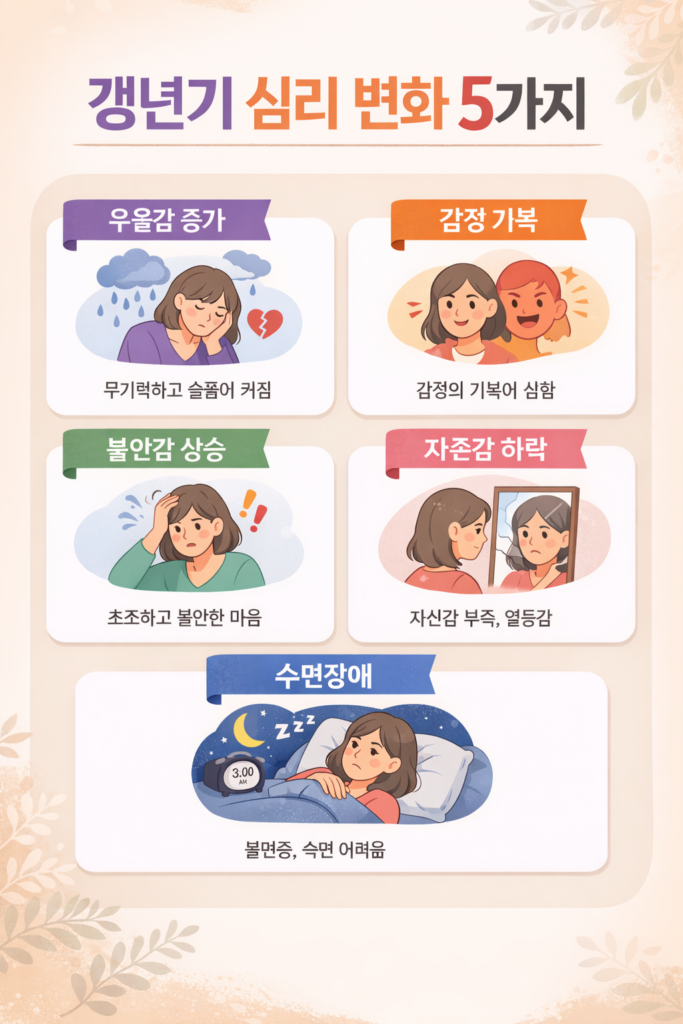 갱년기 심리 변화 5가지로 우울감, 감정기복, 불안, 자존감 저하, 수면장애를 설명한 인포그래픽