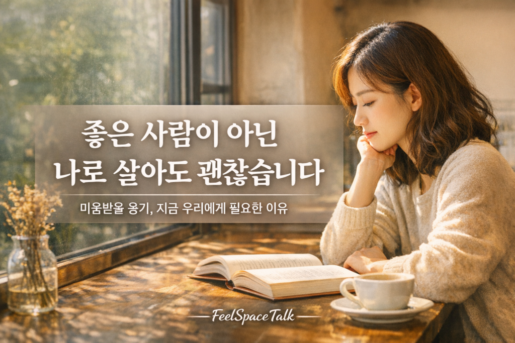 미움받을 용기 책소개 썸네일, 자연광 카페에서 책 읽는 여성과 나로 살아도 괜찮다는 메시지 이미지