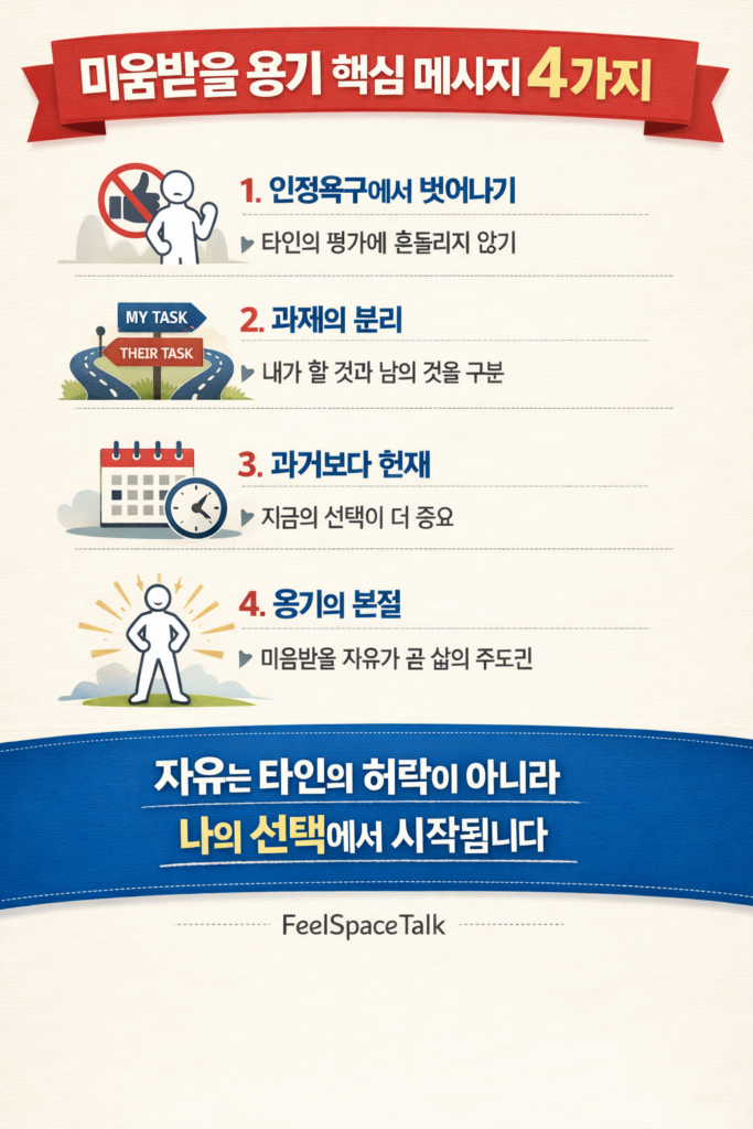 미움받을 용기 인포그래픽 1, 인정욕구·과제의 분리·현재 선택·용기의 의미를 정리한 핵심 메시지 이미지