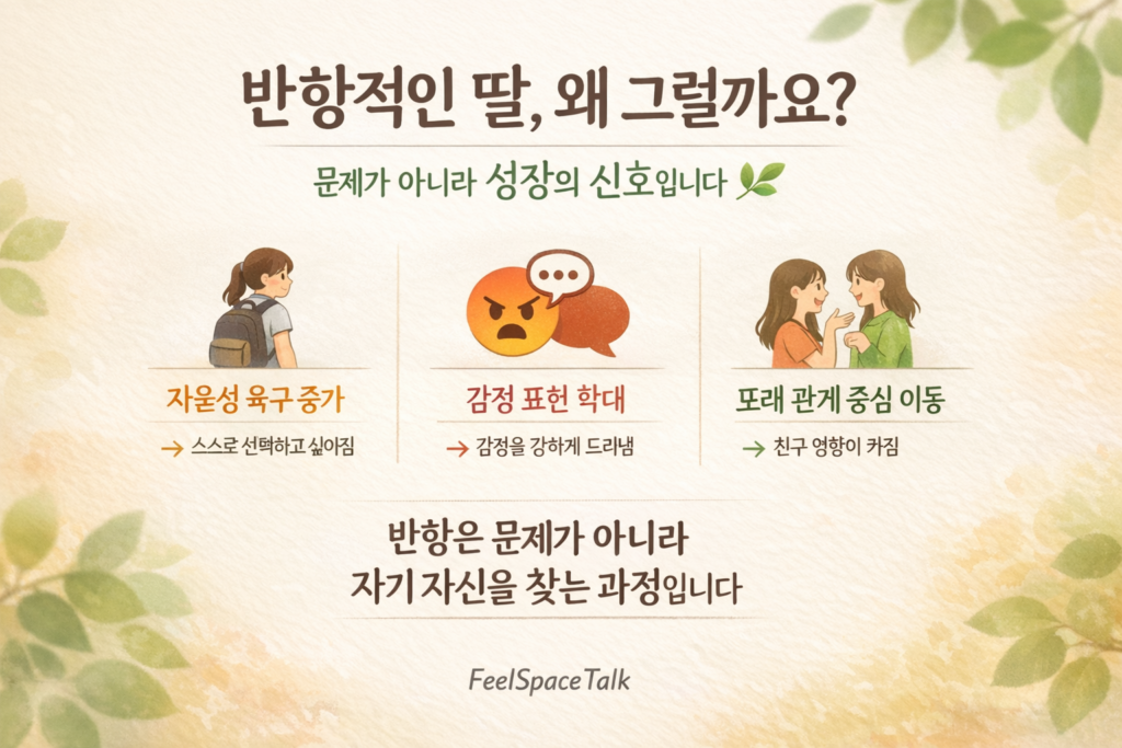 사춘기 딸의 반항이 자율성, 감정 표현, 또래 관계 변화에서 비롯된 성장 과정임을 설명하는 인포그래픽