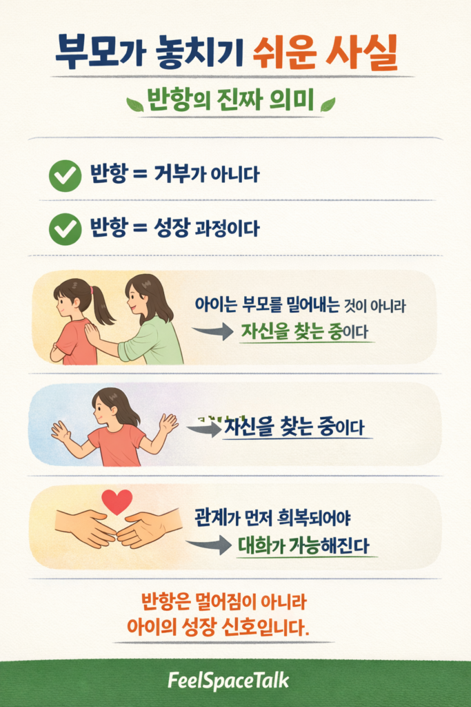 반항이 거부가 아닌 성장 과정이며 관계 회복이 먼저라는 메시지를 전달하는 부모 공감 인포그래픽