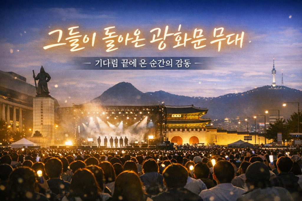 BTS 광화문 컴백 공연 썸네일, 군 복무 후 완전체 무대와 팬들의 감동적인 재회를 담은 이미지