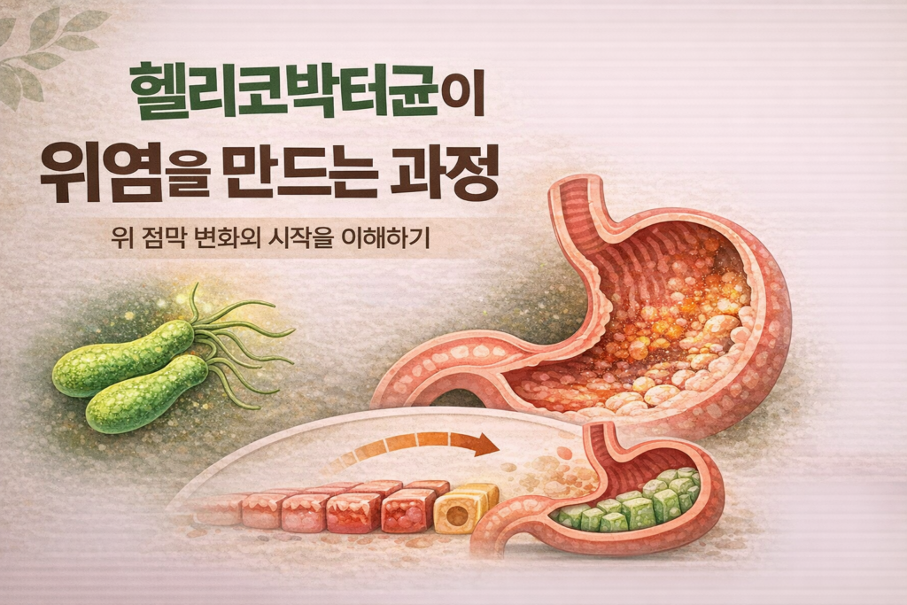 헬리코박터균 감염이 위 점막 염증과 만성 위염, 점막 변화로 이어지는 과정을 시각적으로 설명한 가로형 썸네일 이미지.