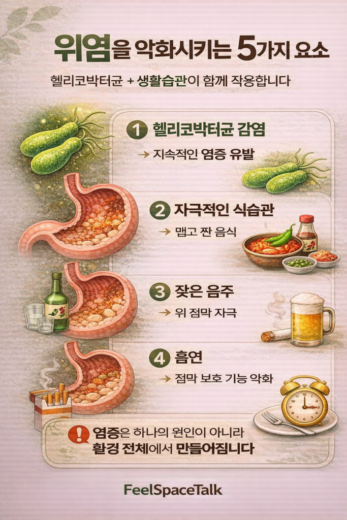 헬리코박터균 감염, 자극적인 식습관, 잦은 음주, 흡연, 불규칙한 식사가 위염을 악화시키는 요인으로 작용하는 것을 설명한 세로형 인포그래픽 이미지.