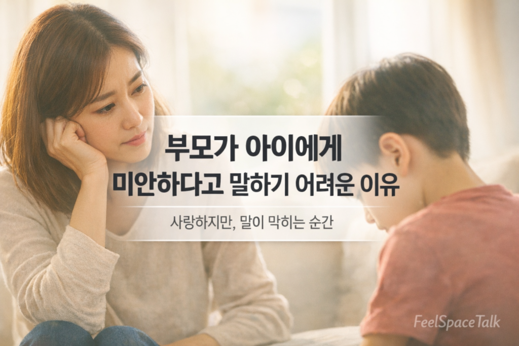 부모가 아이에게 미안함을 전하지 못하고 조용히 바라보는 감정적인 순간을 담은 이미지