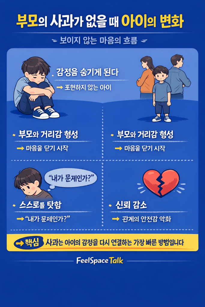 부모의 사과가 없을 때 아이의 감정 변화와 관계 영향 4가지를 정리한 심리 인포그래픽