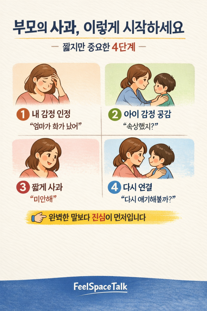 부모의 사과 방법 4단계를 감정 공감과 관계 회복 중심으로 정리한 육아 심리 인포그래픽