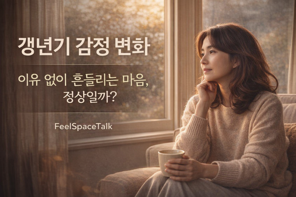 이유 없이 흔들리는 감정을 느끼며 창가에 앉아 있는 중년 여성의 모습