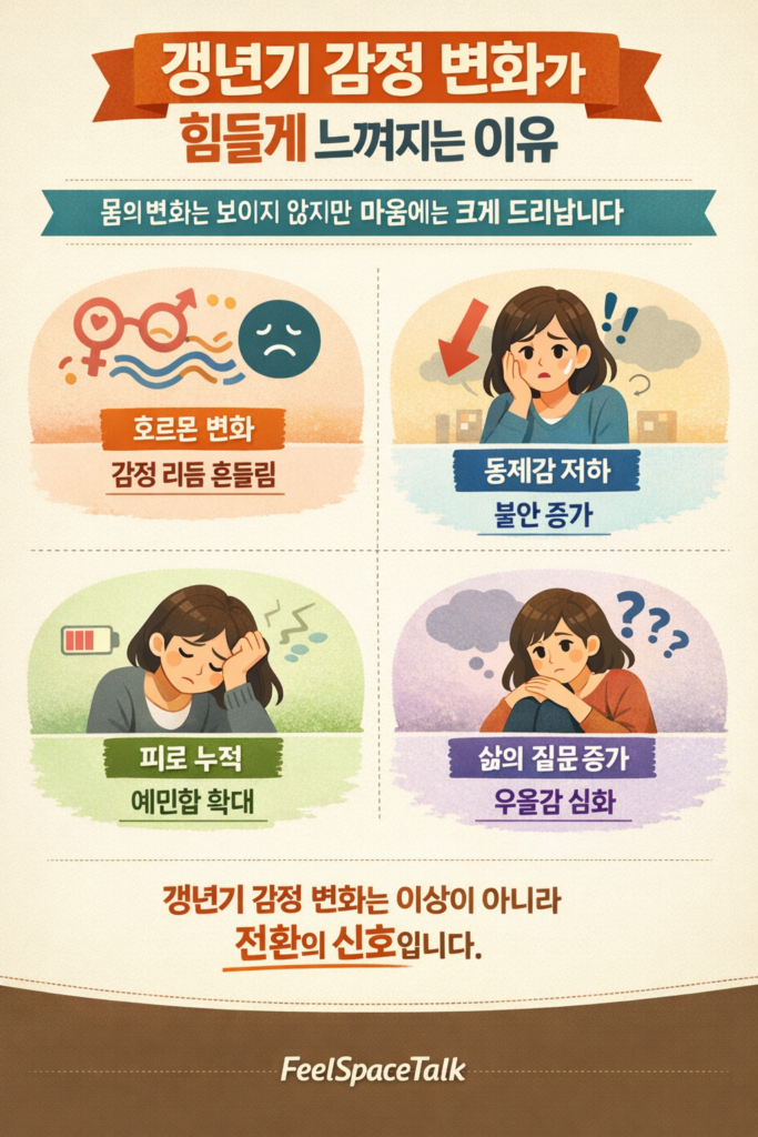 갱년기 감정 변화의 원인인 호르몬 변화, 불안 증가, 피로 누적, 삶의 질문 증가를 정리한 인포그래픽