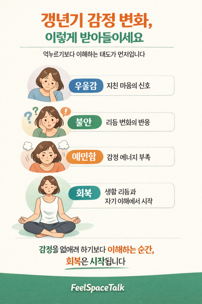 갱년기 우울감, 불안, 예민함을 이해하고 회복 방향을 제시하는 인포그래픽