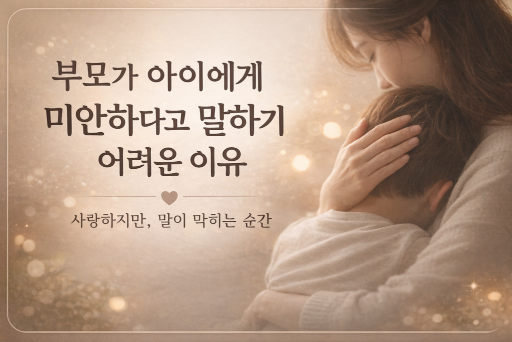 부모가 아이를 안고 위로하는 따뜻한 장면으로, 사과의 어려움과 사랑의 감정을 담은 감성 썸네일