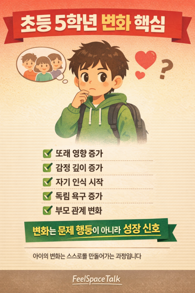 초등 5학년의 변화는 문제 행동이 아니라, 아이가 성장하며 자신을 만들어가는 신호입니다.