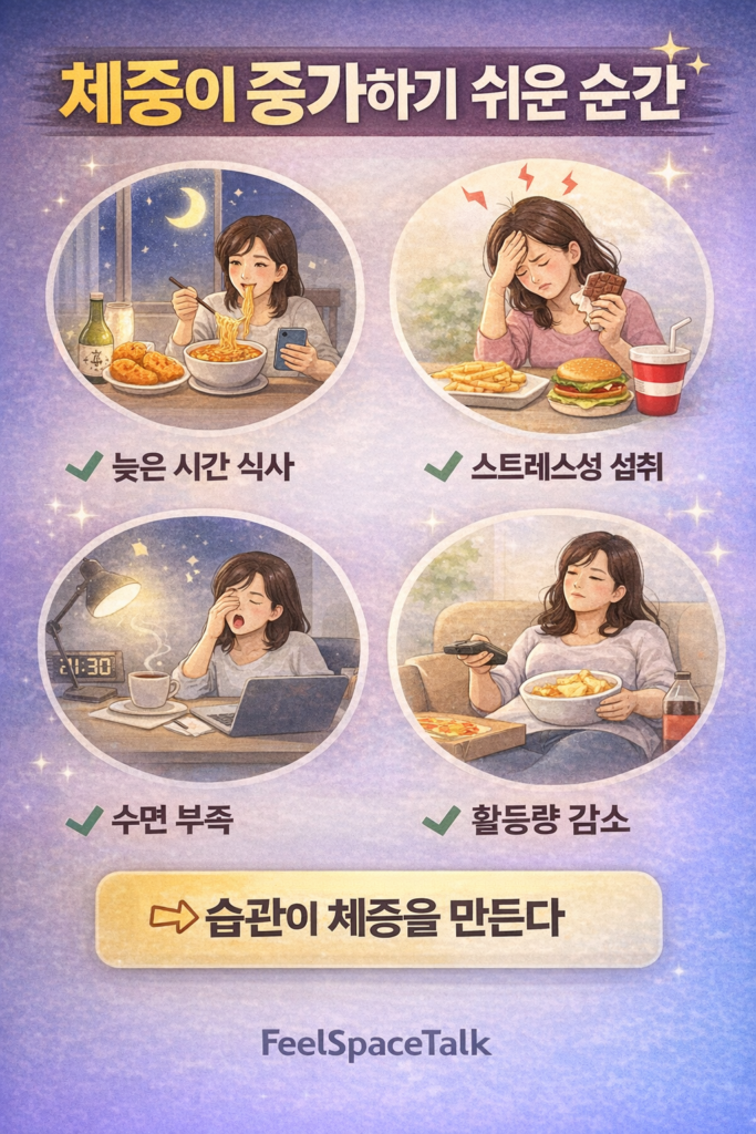 체중이 증가하기 쉬운 순간과 생활 습관의 영향을 이해하고 건강한 체중 관리 방법을 알아보세요 🌿