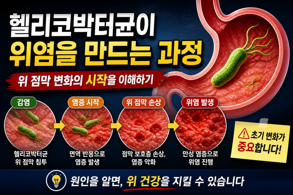 헬리코박터균이 위 점막에 침투해 염증을 일으키고 위염으로 진행되는 과정을 단계별로 보여주며, 초기 점막 변화의 중요성을 강조한 썸네일