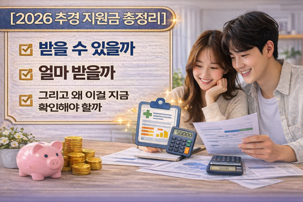 2026 추경 지원금 총정리 썸네일 이미지로 젊은 부부가 서류와 계산기를 보며 지원금 대상과 금액을 확인하는 모습과 핵심 질문을 정리한 블로그 대표 이미지