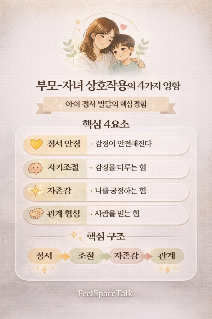 부모-자녀 상호작용이 정서 안정, 자기조절, 자존감, 관계 형성으로 이어지는 과정을 설명한 인포그래픽