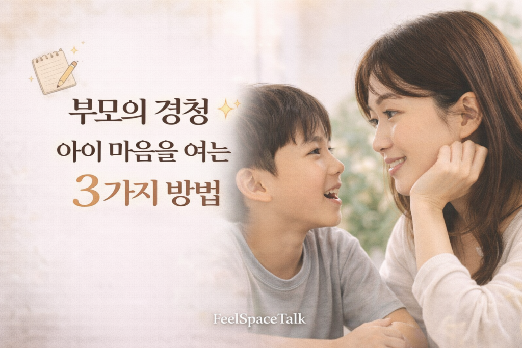 엄마와 아이가 눈을 맞추며 대화하는 장면 위에 ‘부모의 경청, 아이 마음을 여는 3가지 방법’이라는 제목이 들어간 따뜻한 감성의 썸네일