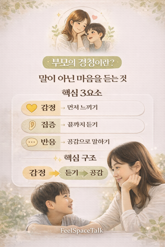 부모의 경청 개념과 감정·집중·공감의 3요소 흐름을 세로형으로 정리한 따뜻한 감성 인포그래픽