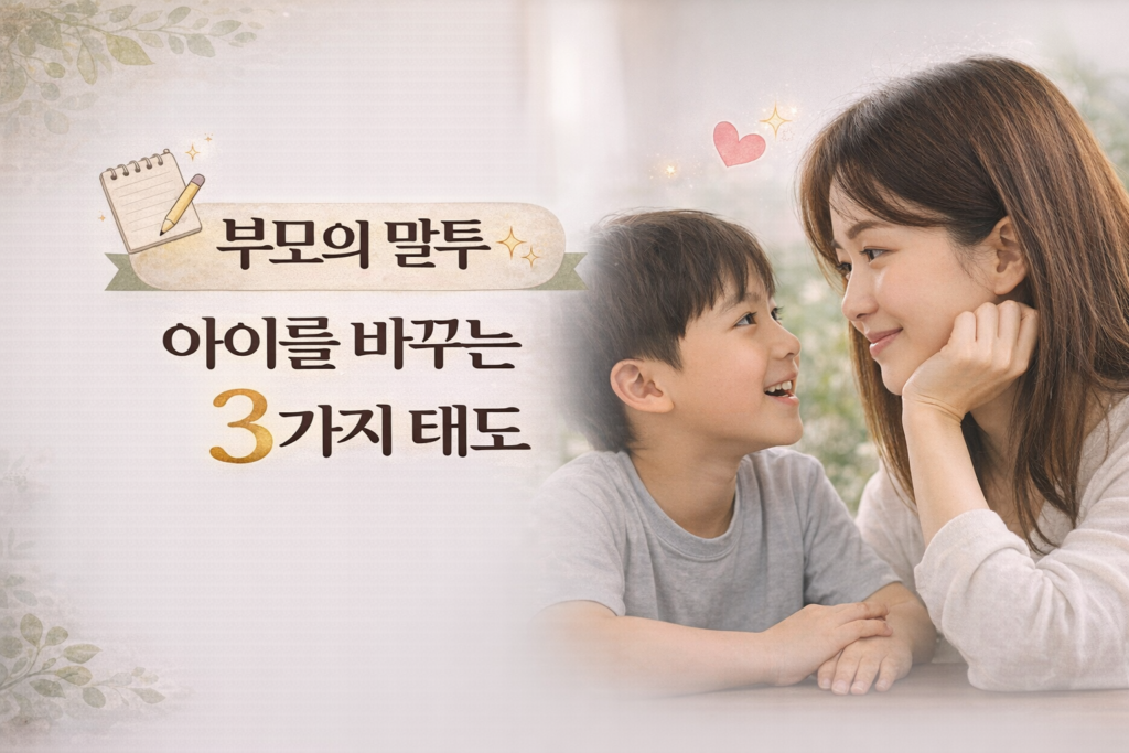 엄마와 아이가 눈을 맞추며 대화하는 실사 장면에 ‘부모의 말투, 아이를 바꾸는 3가지 태도’라는 제목이 담긴 따뜻한 감성의 가로형 썸네일