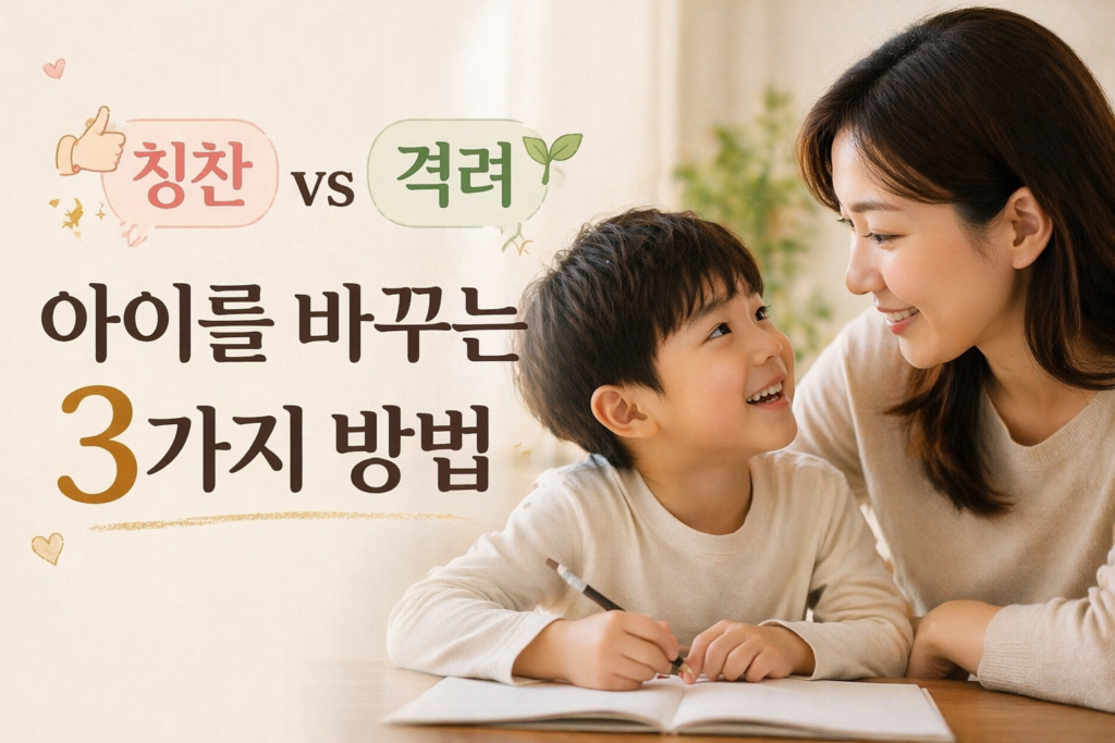 엄마와 아이가 눈을 맞추며 대화하는 따뜻한 실사 장면 위에 ‘칭찬 vs 격려, 아이를 바꾸는 3가지 방법’이라는 문구가 담긴 가로형 썸네일