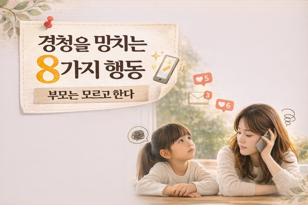 휴대폰에 집중한 엄마와 소외된 아이의 모습 위에 ‘경청을 망치는 8가지 행동, 부모는 모르고 한다’라는 문구가 담긴 감성 가로형 썸네일