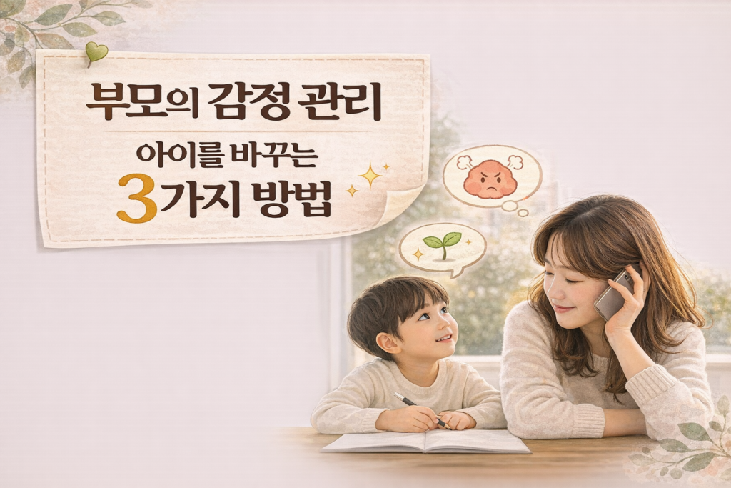 아이와 눈을 맞추며 감정을 조절하는 엄마의 모습 위에 ‘부모의 감정 관리, 아이를 바꾸는 3가지 방법’이라는 문구가 담긴 따뜻한 가로형 썸네일