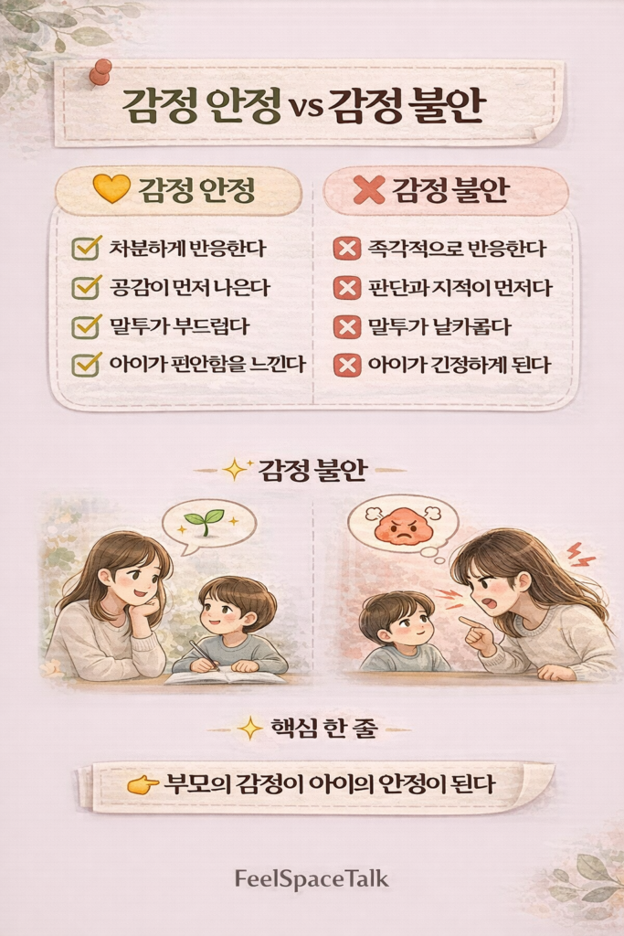 감정 안정과 감정 불안을 비교하며 부모의 반응 방식이 아이의 편안함과 긴장에 어떻게 영향을 주는지 보여주는 인포그래픽