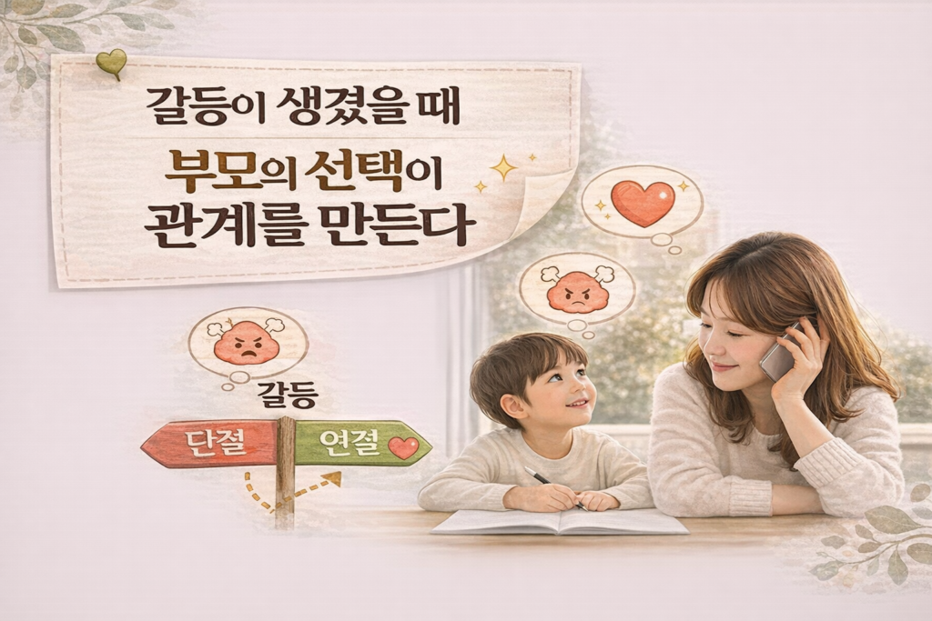 엄마와 아이가 함께 있는 장면 위에 갈등 상황에서 부모의 선택이 관계의 단절과 연결을 결정한다는 메시지를 담은 가로형 썸네일