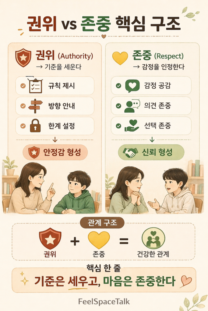 권위와 존중의 차이를 기준 설정과 감정 인정으로 설명하며 두 요소가 함께 작용할 때 건강한 관계가 형성되는 구조를 보여주는 인포그래픽