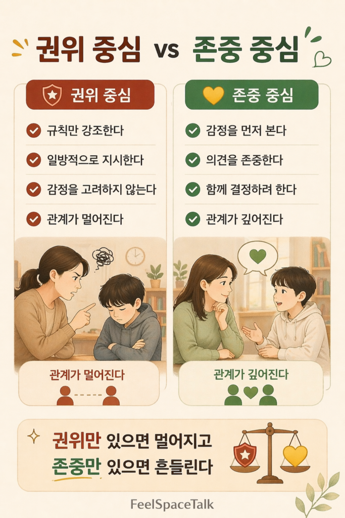 권위 중심과 존중 중심을 비교하며 일방적 통제는 관계를 멀어지게 하고 감정 존중은 관계를 깊게 만든다는 점을 보여주는 인포그래픽