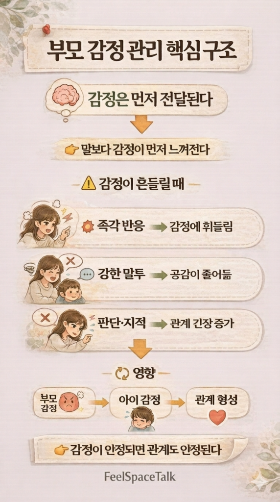 부모의 감정이 먼저 전달되어 즉각 반응·강한 말투·판단 행동으로 이어지고 아이 감정과 관계 형성에 영향을 미치는 흐름을 설명한 인포그래픽