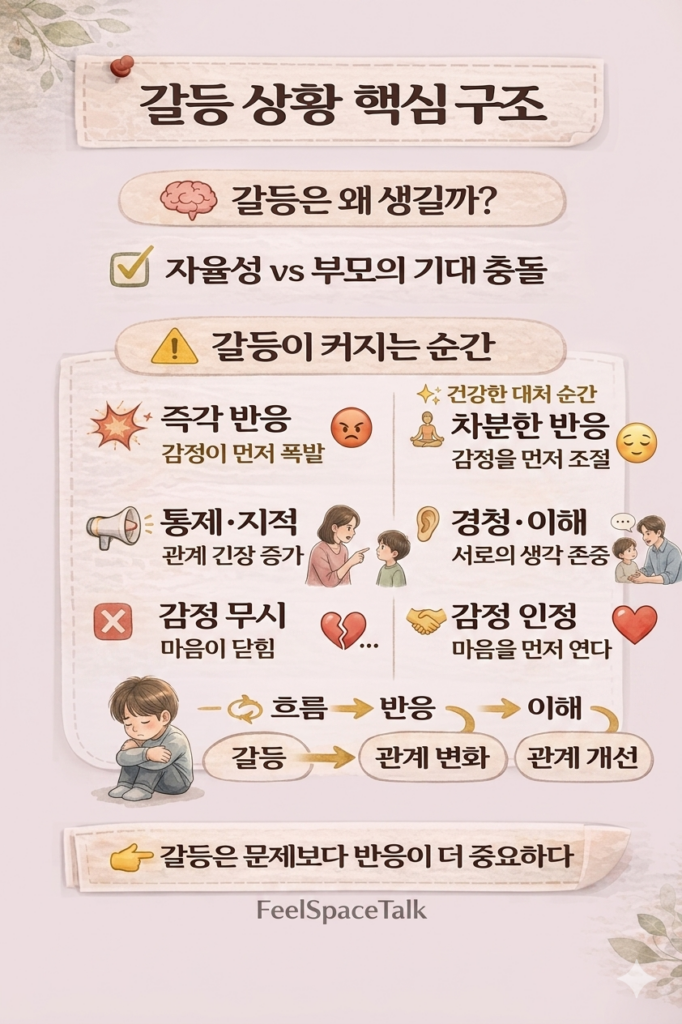 갈등이 자율성과 부모의 기대 충돌에서 발생하고 즉각 반응·통제·감정 무시로 관계가 변화하는 흐름을 설명한 인포그래픽