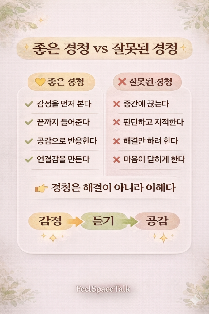 부모의 경청 개념과 감정→듣기→공감의 흐름, ‘경청은 이해’라는 메시지를 강조한 세로형 숏폼 인포그래픽