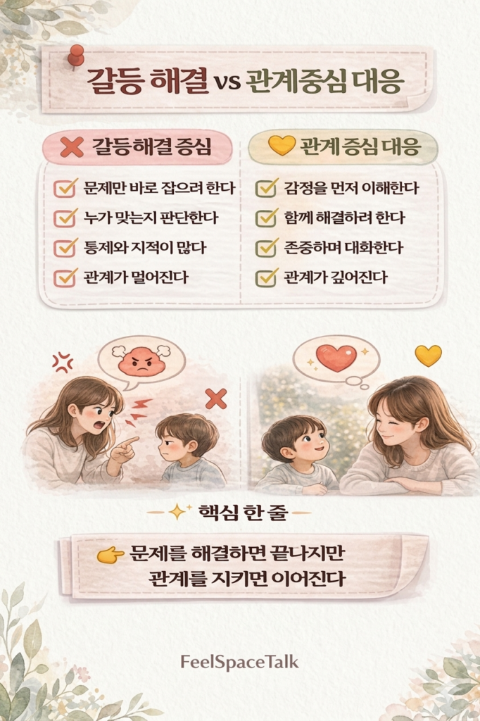갈등 해결 중심과 관계 중심 대응을 비교하며 감정 이해와 공감이 관계를 깊게 만든다는 점을 보여주는 인포그래픽