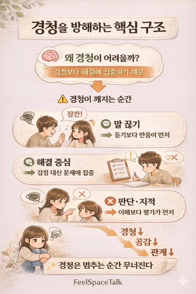 감정보다 해결에 집중하면서 말 끊기·해결 중심·판단 행동이 이어지고 경청·공감·관계가 약화되는 흐름을 보여주는 인포그래픽