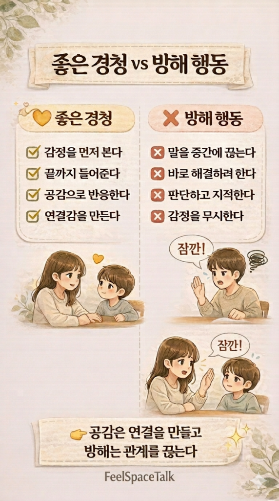 좋은 경청과 방해 행동을 대비해 감정 이해와 공감이 연결을 만들고, 말 끊기와 판단이 관계를 끊는 과정을 보여주는 인포그래픽