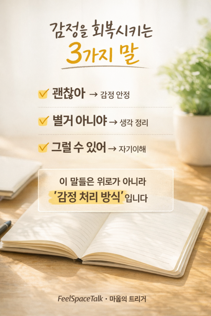 감정 회복 방법 인포그래픽, 괜찮아 별거 아니야 그럴 수 있어 3가지 말로 감정 안정과 자기이해를 돕는 심리 치유 콘텐츠 FeelSpaceTalk