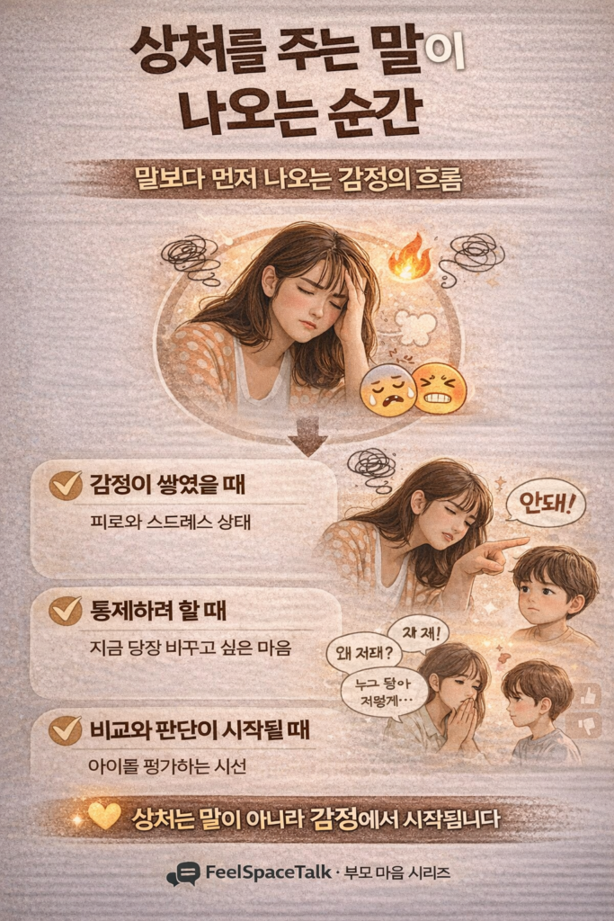 상처 주는 말을 바꾸는 4단계 방법과 관계 회복 과정을 설명한 부모 소통 인포그래픽