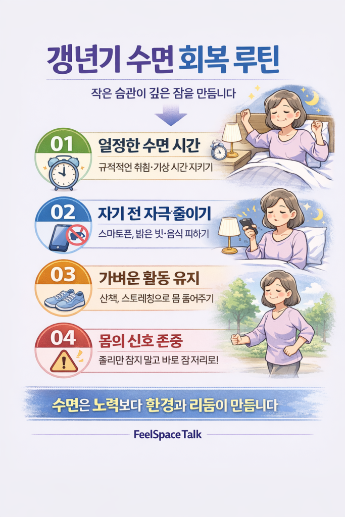 갱년기 수면 문제를 개선하기 위한 생활 습관 4가지를 설명하는 인포그래픽