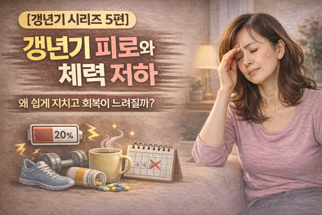 갱년기 피로 체력 저하 원인과 회복 방법을 설명하는 썸네일, 쉽게 피로해지는 중년 여성 이미지