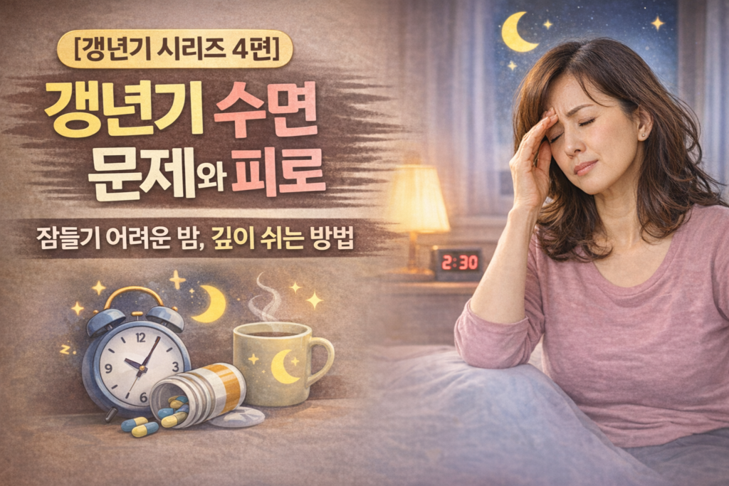 갱년기 수면 문제와 피로의 원인을 설명하는 썸네일 이미지, 잠들기 어려운 밤에 고민하는 중년 여성과 수면 부족, 피로를 나타낸 건강 콘텐츠
