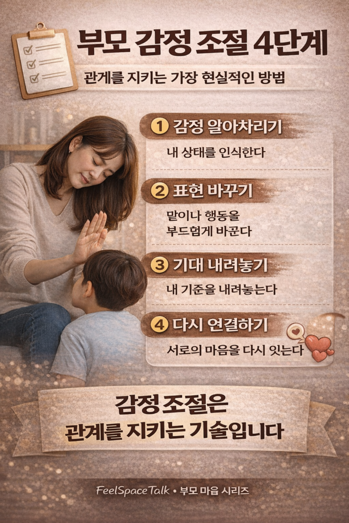 부모 감정 조절 4단계 인포그래픽, 감정 알아차리기부터 다시 연결하기까지 관계를 지키는 부모 감정 관리 방법